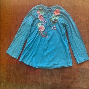 Johnny Was Floral Embroidered Lightweight Top - Vibrant Blue - Sz M